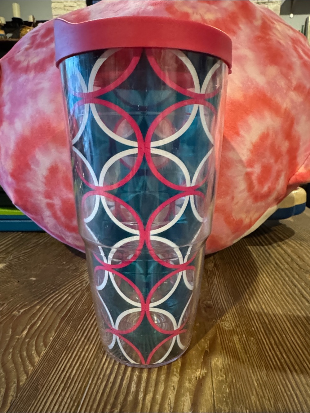 tervis Teal Tumbler with Pink/teal and White Circular Pattern